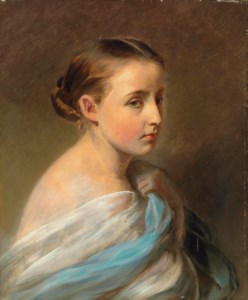 Portrait of a Girl, head and shoulders, draped in a blue and white wrap