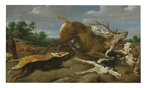 Dogs bringing down a stag