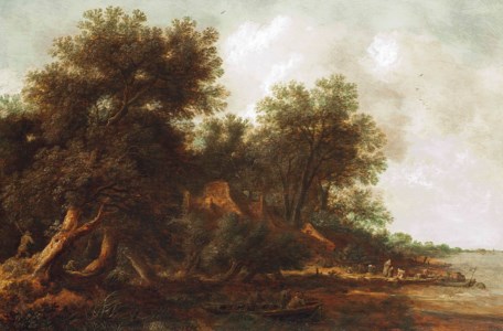 A wooded river landscape with fishermen on boats and other figures