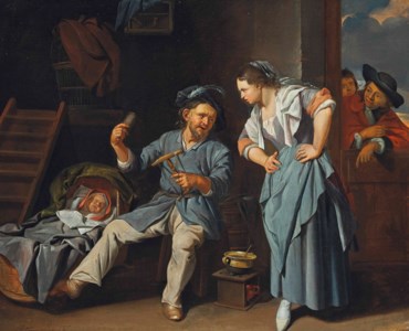 A man spinning yarn with a peasant woman and a baby in a wicker cot