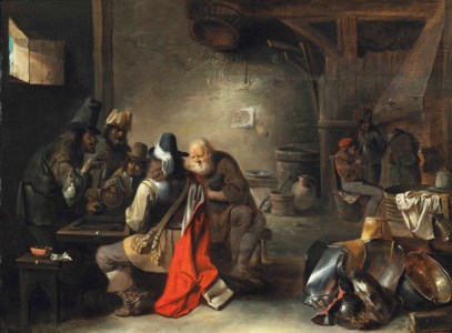 A soldier playing tric-a-trac with peasants in a tavern
