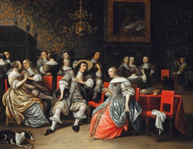 Elegant company drinking and music making in an interior