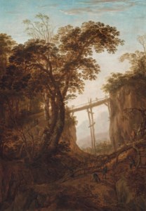 A wooded landscape with woodmen cutting a tree, other figures on a track beyond