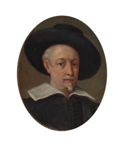 Portrait of the artist, bust-length, in black, a collar and a wide-brimmed hat