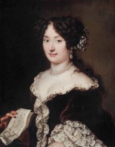 Portrait of a lady, half-length, in a brown dress, with flowers in her hair and wearing a pearl necklace and earrings, holding a sheet of music in her right hand