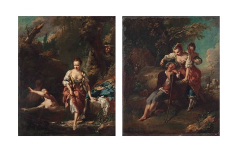 A wooded river landscape with women bathing; and A wooded landscape with women teasing a sleeping shepherd