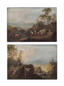 A river landscape with travellers resting on banks; and A river landscape with travellers crossing a river