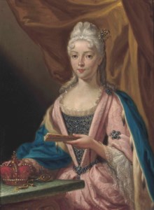Portrait of Maria Clementina Sobieska (1702–1735), small half-length, in a gem-studded bodice and pink embroidered dress, with ermine-lined blue cloak, holding a fan, her right hand resting on a coronet