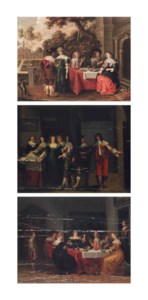 Elegant company eating, drinking and music-making in a garden; Elegant company drinking and merry-making in an interior; and Elegant company admiring a lace collar and other luxurious objects
