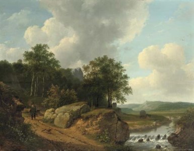 An extensive landscape with a traveller approaching a stream