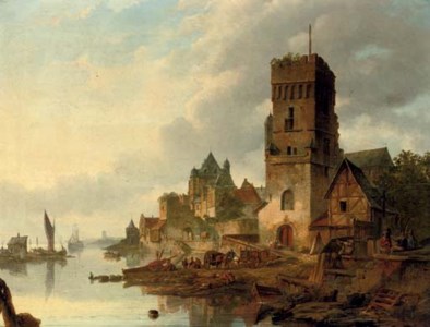 Activities on a quay in a riverside town