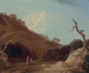A hilly Indian landscape with figures passing by a cave