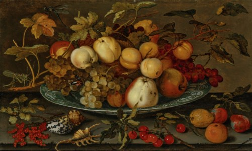 Grapes, peaches, apples and plums in a wan-li bowl on a ledge, with shells, a grasshopper and other fruit