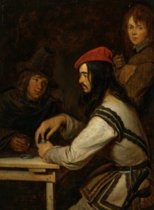 Three men in a tavern, one taking snuff