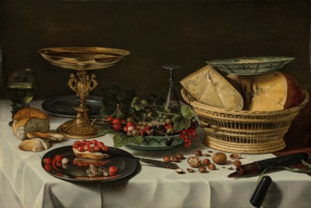 Strawberries, currants and bread on a pewter platter, a roemer filled with wine, strawberries, cherries and currants in a porcelain bowl, a cheese basket, bread, nuts, a tazza, a silver knife and a knife-case, on a partly draped table