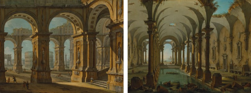 A capriccio of partially ruined baths with people swimming; and A capriccio of Rome with the Colusseum and Arch of Titus