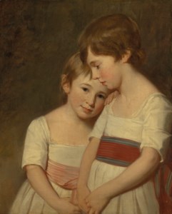 Double portrait of two siblings, three-quarter-length, in white dresses and a red and pink sash, in a landscape