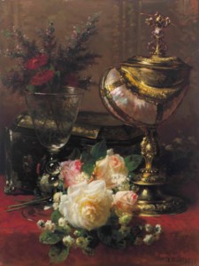A Bouquet of Roses and other Flowers in a Glass Goblet with a Chinese Lacquer Box and a Nautilus Cup on a Red Velvet draped Table