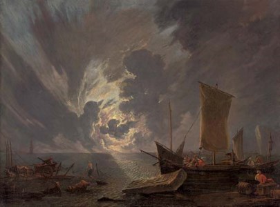A coastal landscape at sunset with stevedores and shipping