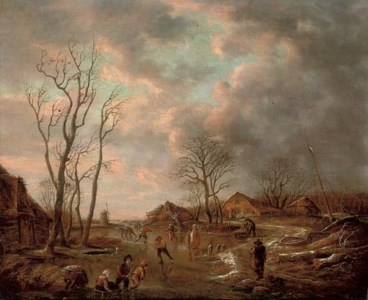 A winter landscape with figures skating on a frozen lake