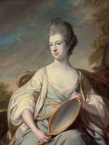 Portrait of Mary Dering, seated, three-quarter-length, in an oyster satin dress with gold trim, holding a mirror, in a landscape
