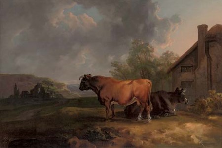 Cattle in a landscape by a cottage, with ruins beyond