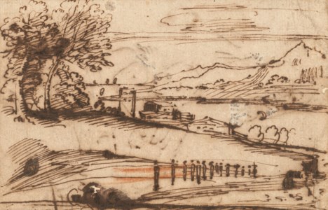 An extensive coastal landscape with a procession of figures in the foreground and buildings on the water (recto); Study of a crouching man, his profile and a foot (verso)