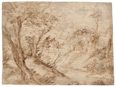 A wooded landscape with a figure resting beside a road and a river in the background (recto) ; Nine studies of pendants, and a sketch of a spider (verso)