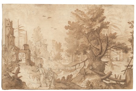 A forest landscape with buildings and Tobias and the angel