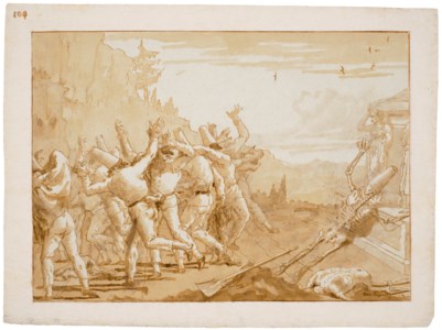 Giovanni Domenico Tiepolo, The apparition of the skeleton of Punchinello before his tomb