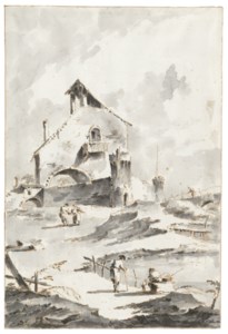 Capricci of houses with figures by water