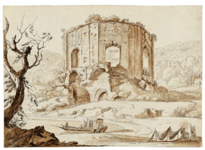 The so-called Temple of Venus at Baiae, with tourists preparing to disembark and fishermen mending nets