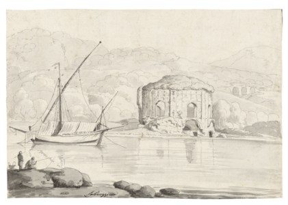 The so-called Temple of Venus at Baiae, with a boat and two fishermen in the foreground