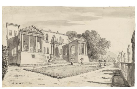 A view of a villa from a terrace with a balustrade surrounded by statues