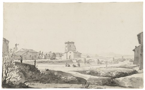 A village on a river with a three-arched bridge beside a small church and a fortified building beyond