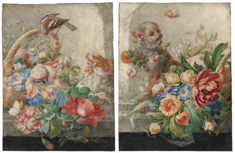 A basket with flowers in a stone niche, with a monkey and a butterfly ; and A basket with flowers in a stone niche, with a barking dog and a bird