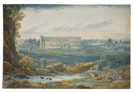 An extensive view of the Colosseum and the Arch of Constantine, with figures in the foreground
