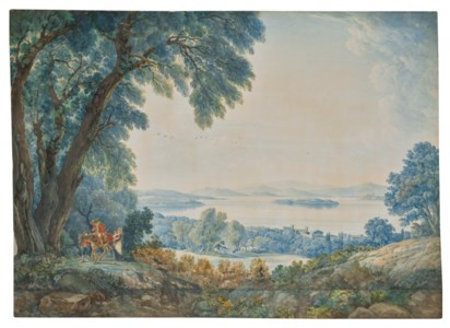 An extensive view with a lake outside Rome (possibly Lake Bolsena), with figures