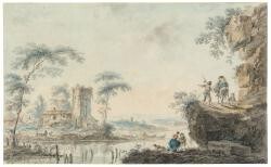 A river landscape with figures and animals, and a delapidated building with a tower ; and A river landscape with shepherds tending their flock and a farm