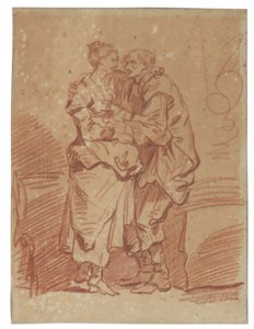 An old man with a bag of money embracing a young woman