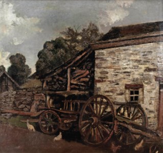 A cart and chicken by a farm