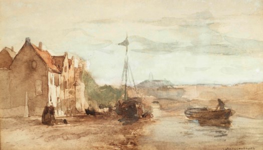 A moored vessel in a canal
