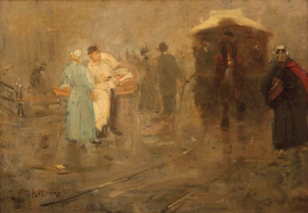 A cityscape with figures and a horse-drawn tram