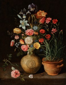 Clara Peeters, Roses, lilies, an iris and other flowers in an earthenware vase, with a pot of carnations and a butterfly on a ledge