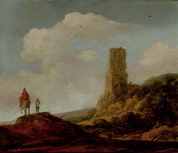 Landscape with a ruined tower and travelers on a path