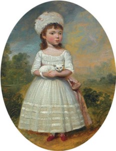 Portrait of a lady in a garden; also a companion Portrait of a lady; and A portrait of a child with her cat
