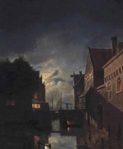 Moonlit landscape of a canal, Amsterdam