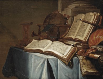 Vanitas still life with an hour glass, books, a globe, flutes and a lute on a draped table