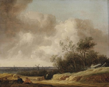 A dune landscape with figures resting near a track, a view of Haarlem in the distance