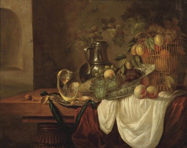 Grapes, peaches and plums in a 'wan-li kraak' porcelain dish and in a wicker basket, a pewter jug and a silver plate, all on a partially draped table in an interior